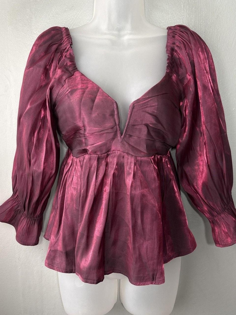 Entro Shimmery Burgundy Peplum Blouse with Puff Sleeves